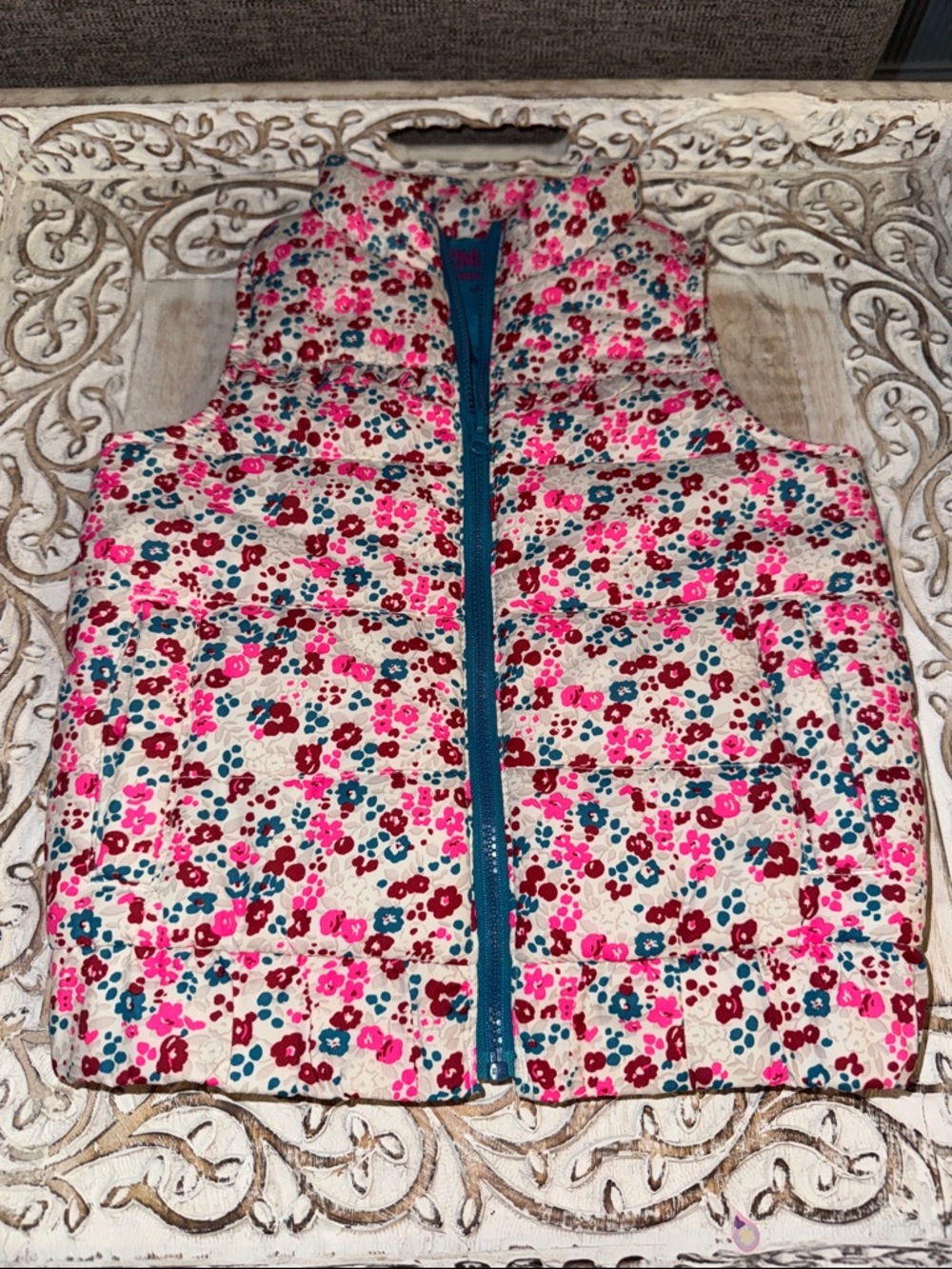 OshKosh B'gosh Pink Floral Puffer Vest with Teal Zipper